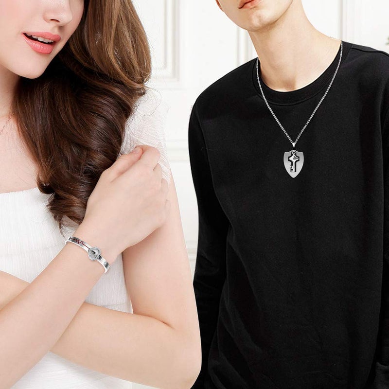 Uloveido 100 Languages I Love You Heartbeat Heart Bangle Bracelet & Shield Key Pendant Necklace for Lovers Friend and Friend Y953 (Steel Color) - Image 2